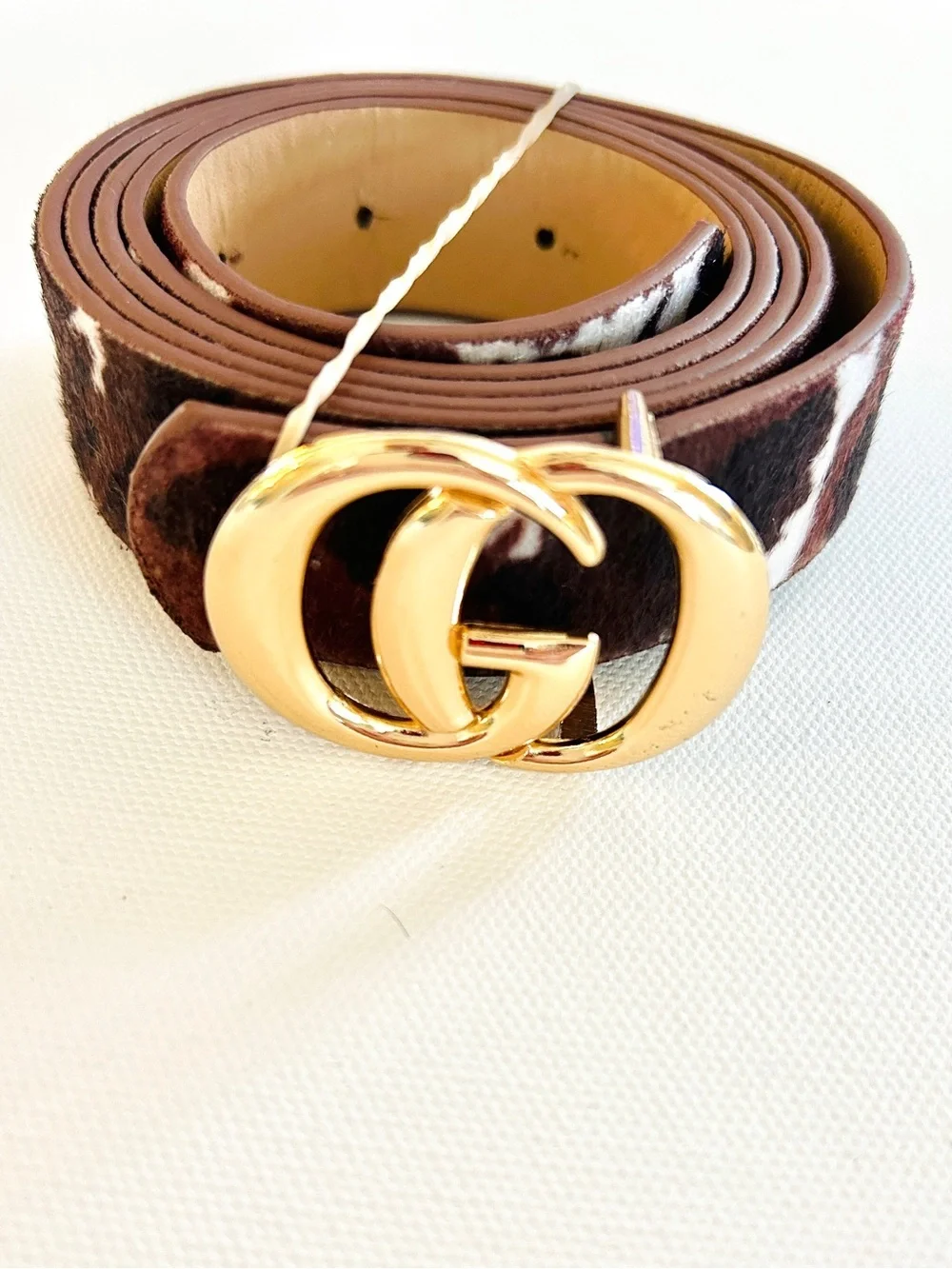 noir Cow Print Belt Gold GG Style Buckle Brown Western Boho Statement L/XL NWOT